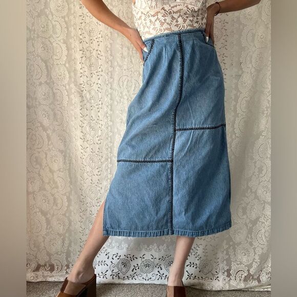 Vintage 90s Whipstitch Denim Midi Skirt Panel Stitch Detail Side Slit L - Picture 6 of 15